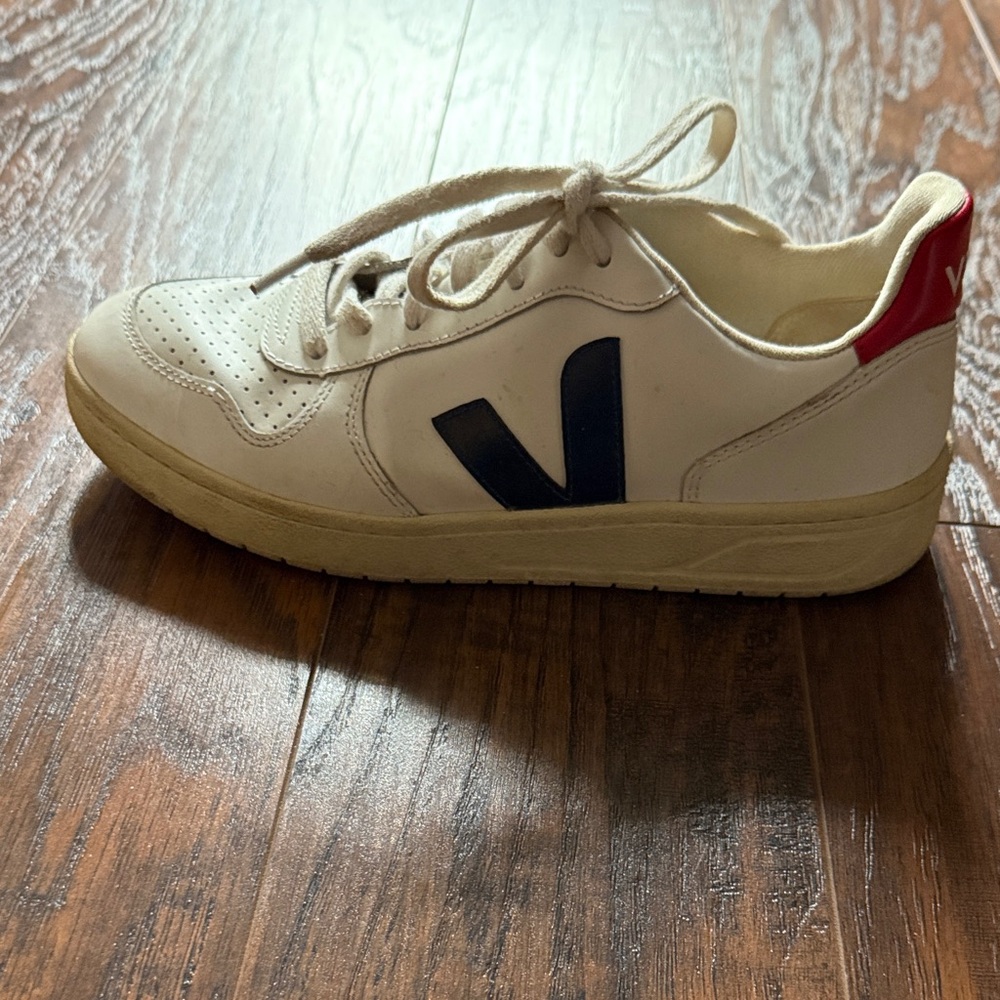 Veja V-12 White Sneakers with Blue Veja Logo and Red Heel